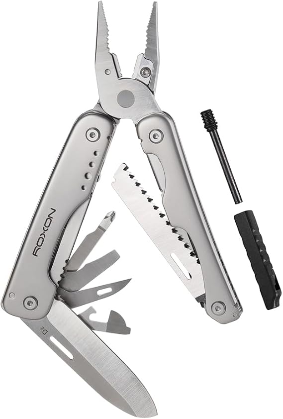 ROXON S803E Elite Flash Multi tool with 21 functions including strong plier | Flint Rod, full-size lockable blades for Outdoor Essential Tool (D2 Blade)