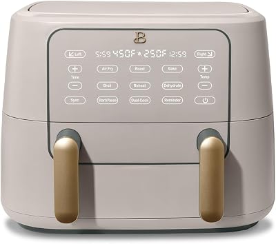 Beautiful 9QT TriZone Air Fryer, Dual Baskets or Single XL Basket, Sync Finish, Touch Display, 1700W, Roast, Bake, Broil, Dehydrate, Reheat, Dishwasher Safe, Drew Barrymore Design Porcini Taupe