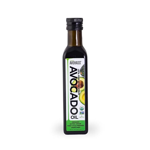 Avohass Organic Extra Virgin Avocado Oil, 8.5 oz, Cold Pressed, Unrefined | USDA certified; everyday cooking and finishing to 400F; buttery flavor; Non-GMO, Kosher; single dark glass bottle