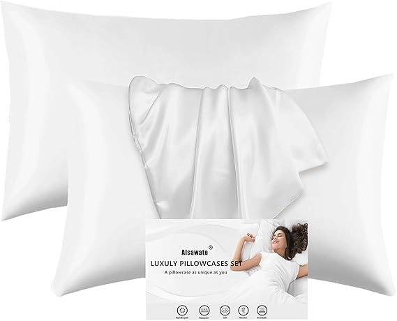White Satin Pillowcase for Hair and Skin - Softer Than Silk Pillowcase, Pillow Cases 2 Pack with Envelope Closure, Gifts for Women, Queen & Standard Size 50 x 75 cm