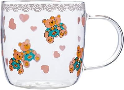 Bear Clear Glass Mug with Handle 14oz Cute Mug for Coffee Tea Milk Breakfast Kawaii Glass Cup Lace Bear Love Heart Prints Aesthetic Mug Gift for Teen Girls Women Kids Pink