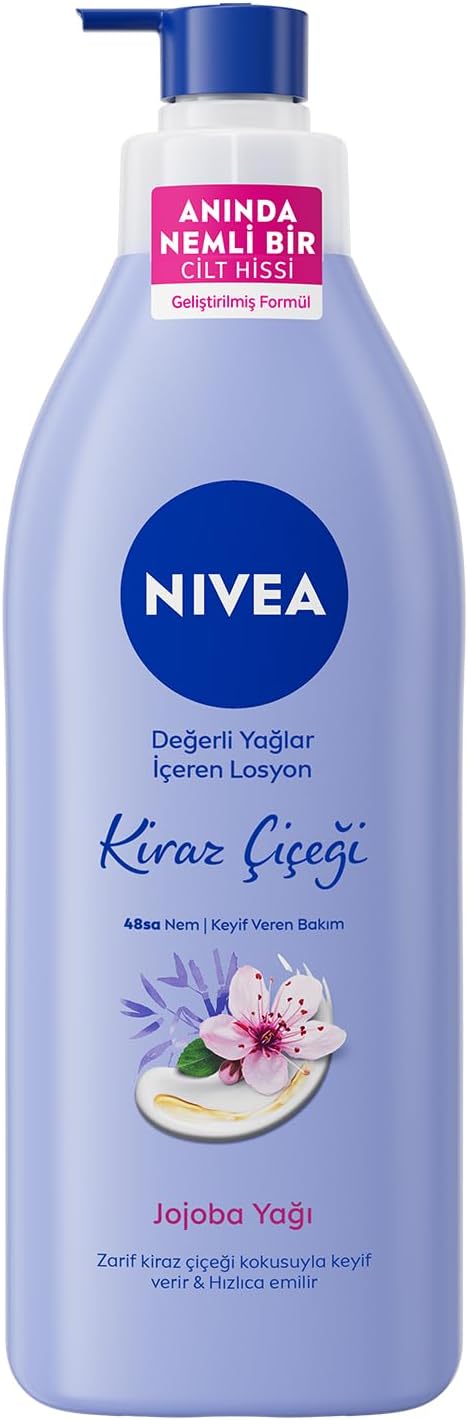NIVEA Değerli Yağlar İçeren Vücut Losyonu Kiraz Çiçeği ve Jojoba Yağı, 400 ml,Tüm Ciltler,48 Saat Nemlendirici, Hızlı Emilir