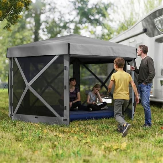Pop Up Gazebo Screen Tent, Pop-Up Instant Gazebo Tents with Netting Outdoor Canopy, 6 Sided Sun Shelter with Removable Wind Cloths & Mesh Windows, Pavilion Tent for Patio Grey