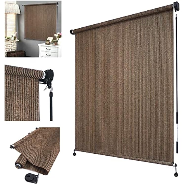 HTTMT- 8W x 8L Outdoor Roller Shade Blind Roll up for Deck Porch Balcony Patio Light Filter [PN: ET-KLB-HT88-Mocha]