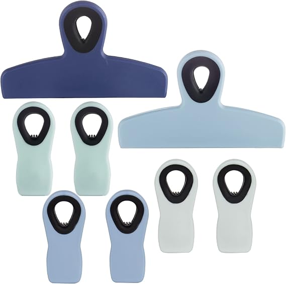 Chip Clips, Bag Clips, Magnetic Bread Food Package with Silicone Textured Mouth (8pcs Blue)