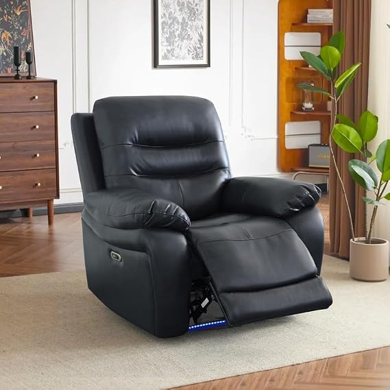 Power Recliner Chair with LED Light, Electric Faux Leather Single Sofa with USB Port, Adjustable Reclining Armchair with Footrest for Living Room Bedroom (Black)
