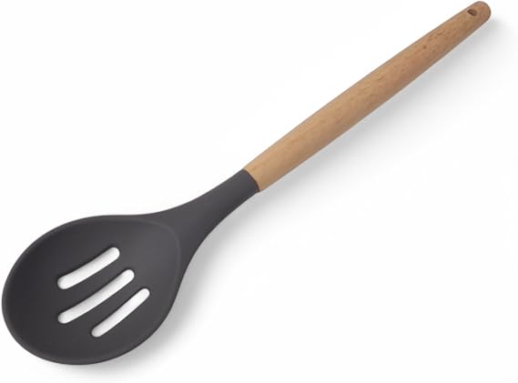 Deconox Bambu Saplı Silikon Delikli Servis Kaşığı, Bambu Uzun Silikon Delikli Servi Kaşığı 27cm 3 Renk Seçenekli (SİYAH)