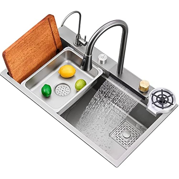 Kitchen Sink Stainless Steel Flying Rain Waterfall Household Dishwasher Single Workstation With Pull-Out Tap, Chopping Board, Cup Washer Color: Grey, Size: 7