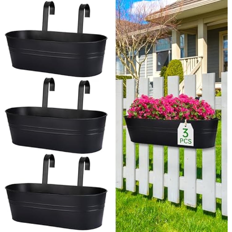 OGIMA Railing Planter Box, 3 Pack 16 Large Hanging Planters for Outdoor Plants with Adjustable Wide Hooks for 2.7 Railings, Balcony Planters Railing Hanging for Deck, Fence & Patio Decor