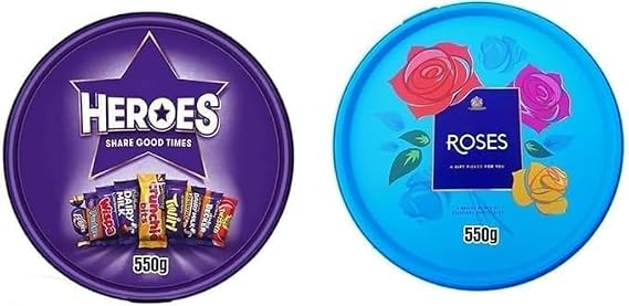 2 x Chocolate Tubs ASSORTED PACK 1 EACH Of Roses 475g, Heros 475g Sharing Tub Perfect For Christmas