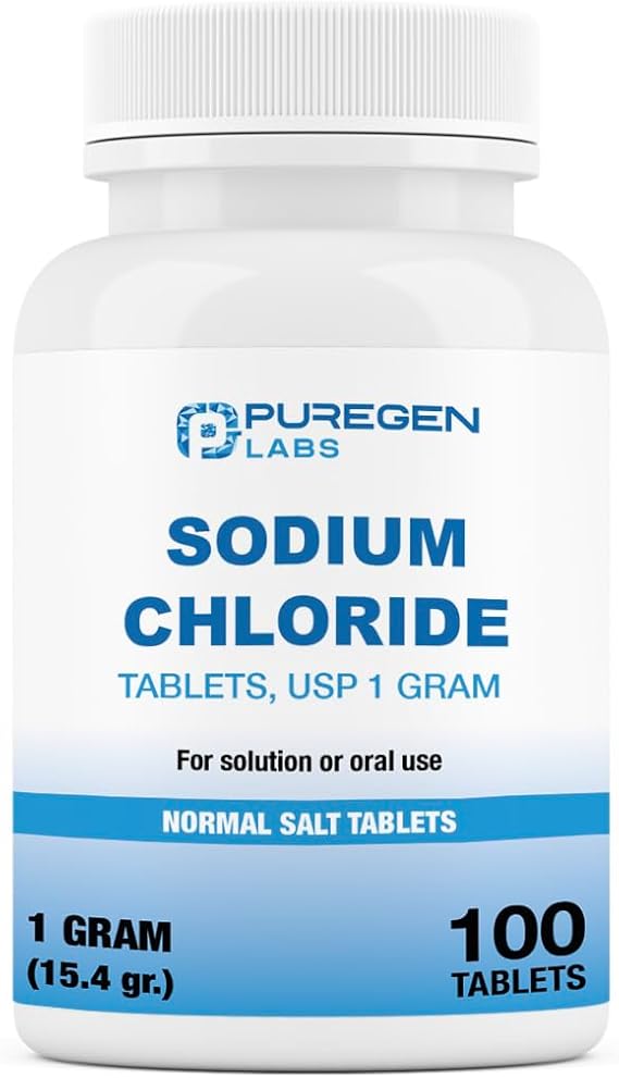 Puregen Labs Sodium Chloride Tablets 1 gm (1000 mg), USP | (15.4gr.) | 100 Count | Normal Salt Tablets | Electrolytes Replenisher Hydration Drink