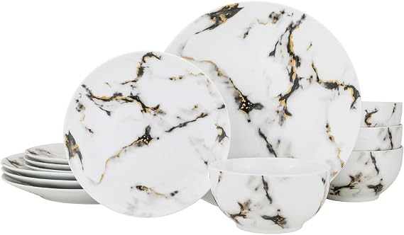 Elegant Bone China Dinnerware Set, 12 Piece - 'Quarie' Marble Design