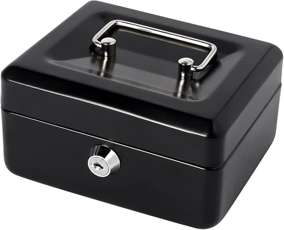 Small Lock Box with Money Tray, Cash Box for Kids, Portable Metal Money Safe for Cash, Lockbox Black