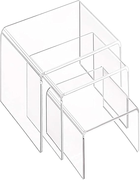 Clear Acrylic Display Risers, 3 Pieces Showcase Shelf for Figures, Buffets, Cupcakes and Jewelry Display Stands, with Sticky Protective Film