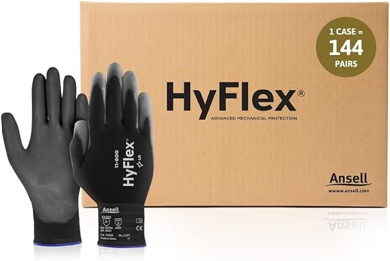 Ansell HYFLEX 11-600 Light Duty Nylon Industrial Gloves w/Palm Coating for Metal Fabrication, Automotive - Small (7), Black (144 Pairs)