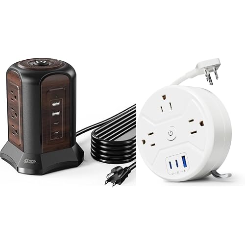 Power Strip Tower Surge Protector, 10 Ft Extension Cord with Multiple Outlets, 9 Outlets, 4 USB Ports, 3-AC & 3-USB 20W Fast Charging Station for Home Office