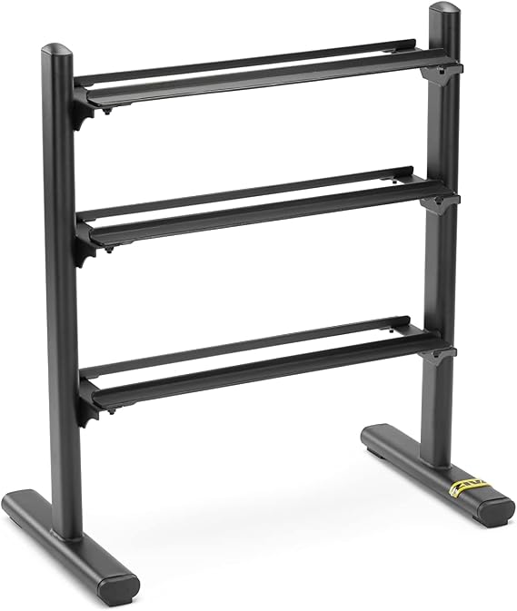 ZIVA 3-Tier Tribells & Hexagon Dumbbell Rack - Gym, Home Storage Rack Steel Frame, Flat Saddleless Shelving, Floor Protecting Feet Black Powder Coated Finish (Dims: 50lb, 38h x 34w x 19l)