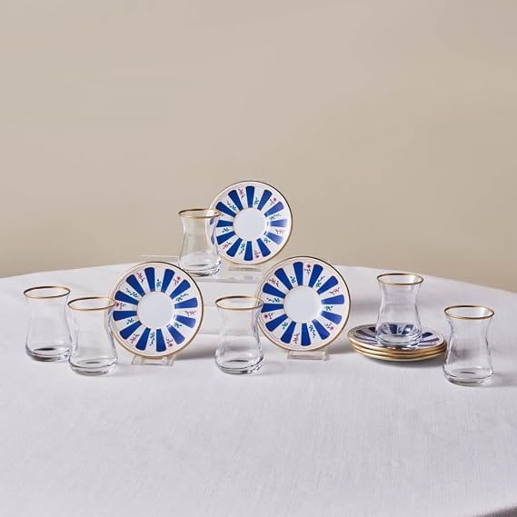 KARACA Bursa 12Piece Turkish Tea Glass & Saucer Set, 4.5 oz (132 ml) Navy Blue Floral Pattern Glass Set for 6 People, Traditional Tulip Teacups with Saucers, Hand Wash Recommended