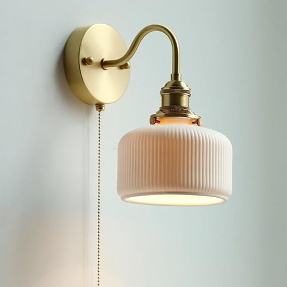 Brass Wall Sconce with Pull Chain Switch White Ceramic Wall Mount Light Modern Wall Lamp Gooseneck Hardwired Sconces Wall Lighting Fixture for Bedroom Living Room Hotel