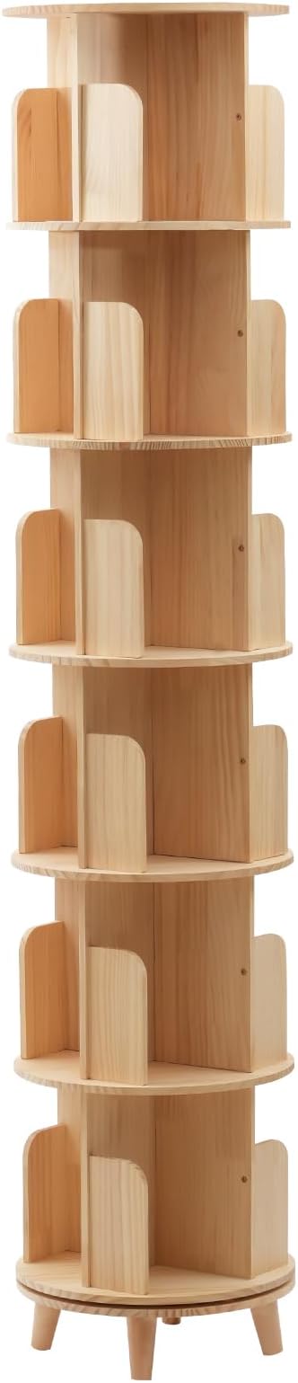 WooDerson Rotating Bookshelf Tower (with Support Legs) 360 Display Solid Wood Floor Standing Solid Wood Bookcase Storage Rack, Corner Bookshelf for Small Space for Home Living Room Office (6-Tier)