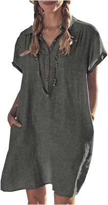 Womens Oversized Tunic Dress, Summer Cotton Linen Baggy T-Shirt Dress Plus Size