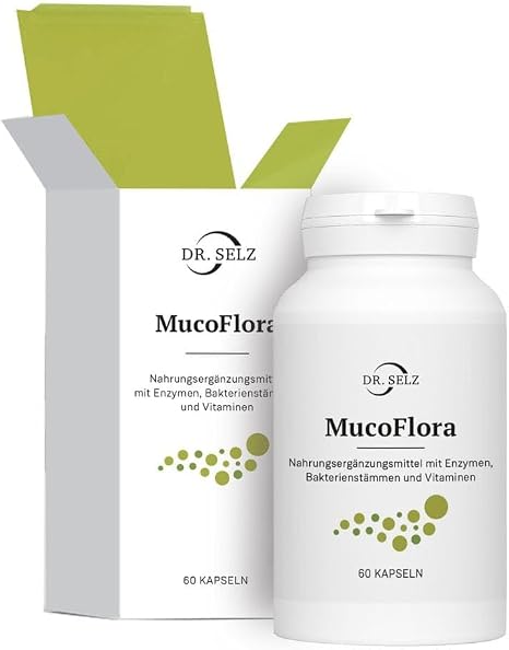Dr. Selz Muco Flora capsules intestinal building preparation with 14 intestinal bacterial cultures and the enzyme protease thiamine riboflavin vitamins B6 and B12 and biotin.