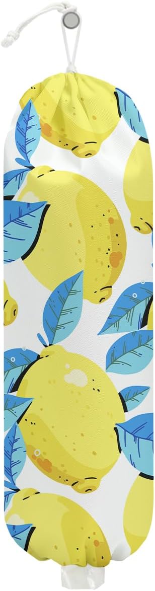 Lemon Plastic Bag Holder, Lemon Gifts Wall Mount Grocery Bag Holder | Plastic Storage bag, Pull Rope Free Adjustment, Plastic Bag Holders for Grocery Bags, Plastic Bag Dispenser for Home Kitchen