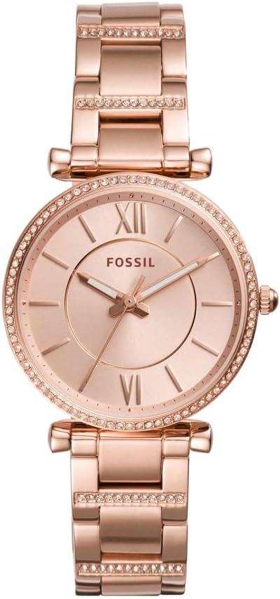 Fossil Carlie Watch for Women, Rose Gold Tone Quartz Three Hand Movement with Stainless Steel Strap