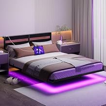 Floating Queen Bed Frame with Headboard and Storage,Metal Platform Bed Frame Queen Size with Charging Port and LED Lights,No Box Spring Needed,Easy Assembly,Noise Free,Heavy Duty Black Bed Frame