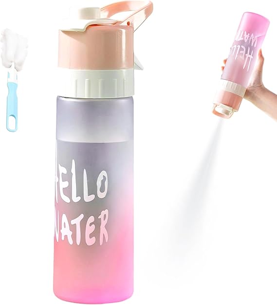 650ml Water Spray Bottle with Cup Brush 2-in-1 Misting & Drinking Sports Gradient Colors Water Bottle with Flip Straw Leakproof Water Bottle for Cycling Running Gym Hiking Outdoor Activities (Pink)