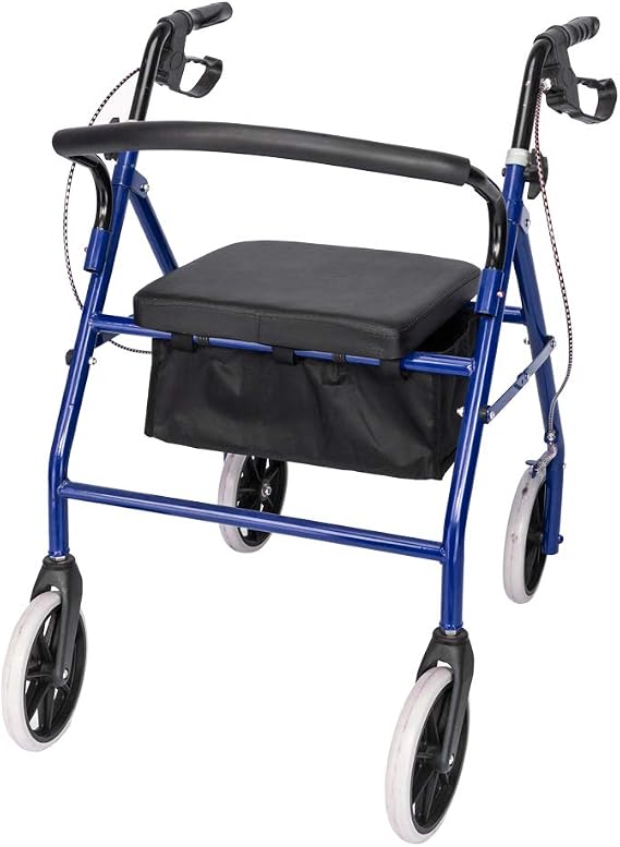 4 Wheel Walker with Padded Seat and Back, Foldable Rollator | Height-Adjustable Iron and Nylon Walker for Seniors and Disabled Users, with Hand Brakes and Storage Bag, Blue and Black