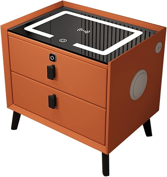 Modern bedside table, smart bedside table, simple side table, with wireless charging, bluetooth speaker, led light, fingerprint lock, usb socket, suitable for bedroom, living room, hotel ( Color : Ora