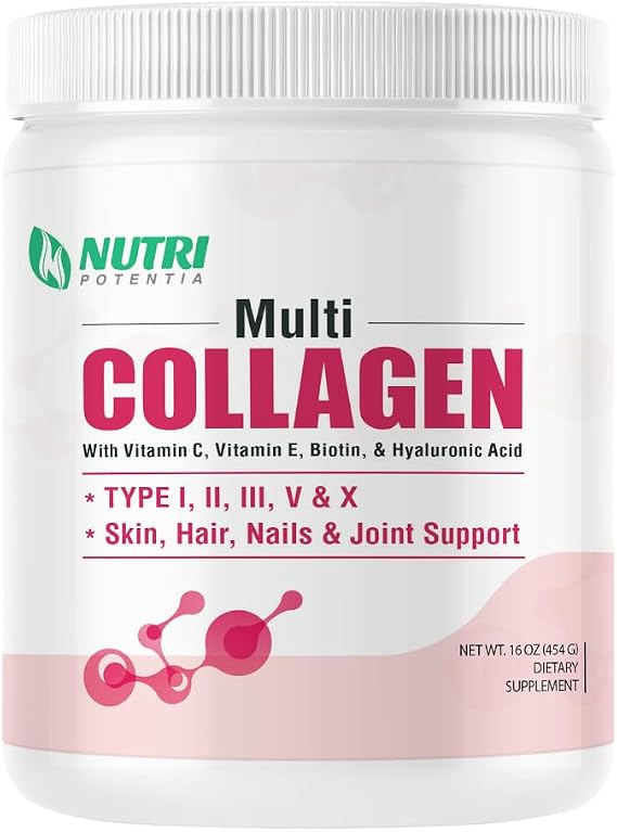 Multi Collagen Peptides Powder - Type I, II, III, V, X with Vitamin C, E & Hyaluronic Acid, Hair, Skin, Nail Support | Unflavored, Non-GMO, Easy Mix - 45 Servings