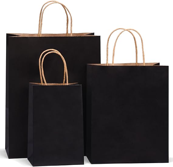 OUTUXED 100pcs Black Paper Bags with Handles Bulk, Gift Bags Assorted Sizes