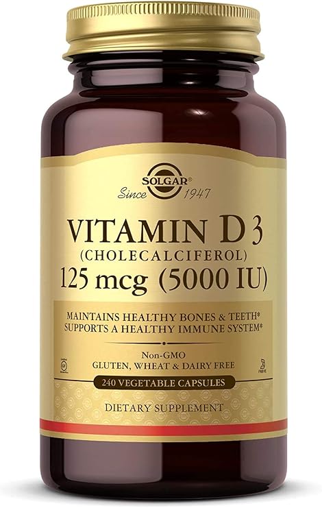 Solgar Vitamin D3 (Cholecalciferol) 125 MCG (5000 IU), 240 Servings | Helps Maintain Healthy Bones & Teeth, Immune System Support, Non-GMO, Gluten Free, 240 Vegetable Capsules