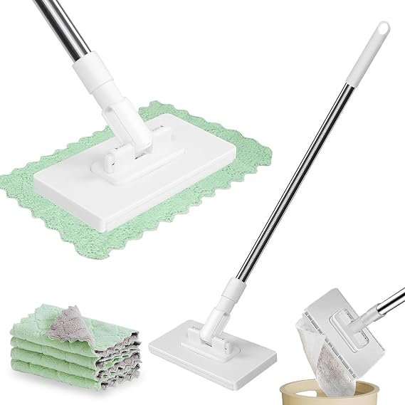 Disposables Dust Mop With 4 Reusable Cloths,Hands-Free Mini Mop with 360° Rotating Head,Cleaning Tools For Floor Bathroom Kitchen