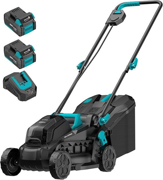 MightyMow Electric Lawn Mower with Brushless Motor, 20V 13.2 inch Cordless Lawn Mower with 5-Position Cutting Height Adjustment, 2x4.0Ah Battery and Charger Included