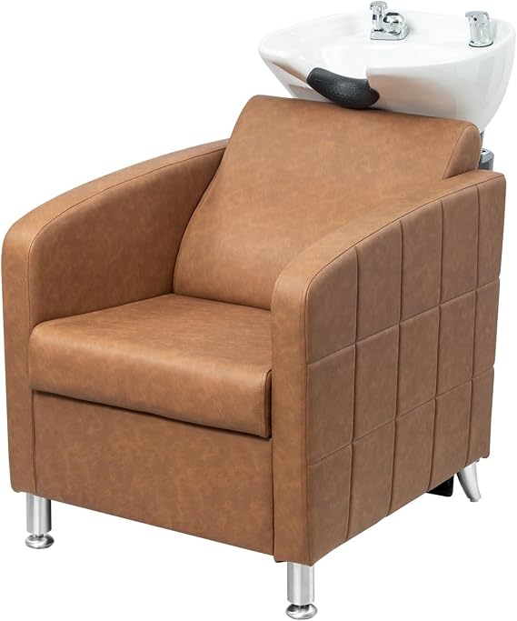 OmySalon Salon Shampoo Bowl and Chair, Shampoo Chair Extra Wide Seat & Porcelain Hair Washing Sink, Shampoo Unit for Beauty Spa Barbershop, Brown
