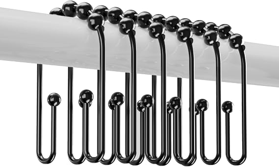 Resze U Shaped Shower Curtain Hooks Rings, Black, 12 Pcs | Durable Rust Resistant Metal, Double Glide Smoothly, Anti-Drop, For Shower Curtain Rod