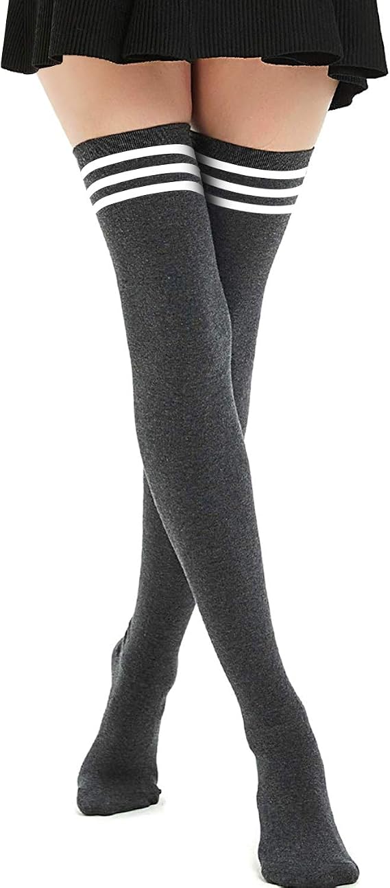 DRESHOW Women Extra Long Thigh High Socks Thin Stripes Tube Tights Over Knee Socks Casual High Boot Stockings