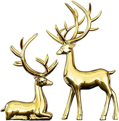 Reindeer Statues Decor Deer Resin Indoor Figurines Mini Animal Sculpture Christmas Creative Decoration Mantel Living Cabinet Wine Desk Office Ornament XmasGold,Silver Gold