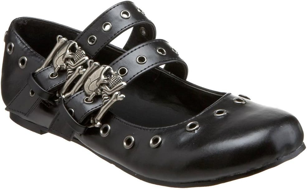 Demonia Women's DAISY-03 Ballet Flat Double Strap MJ with Skull Buckle Eyelet Detailing