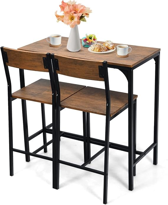COSTWAY 3 Pieces Bar Table Set, Pub Table Set W/Heavy Duty Steel Frame, Modern Industrial-Style Table & Chair Set for Kitchen, Dining Room, Breakfast Nook, Bistro, Easy Assembly
