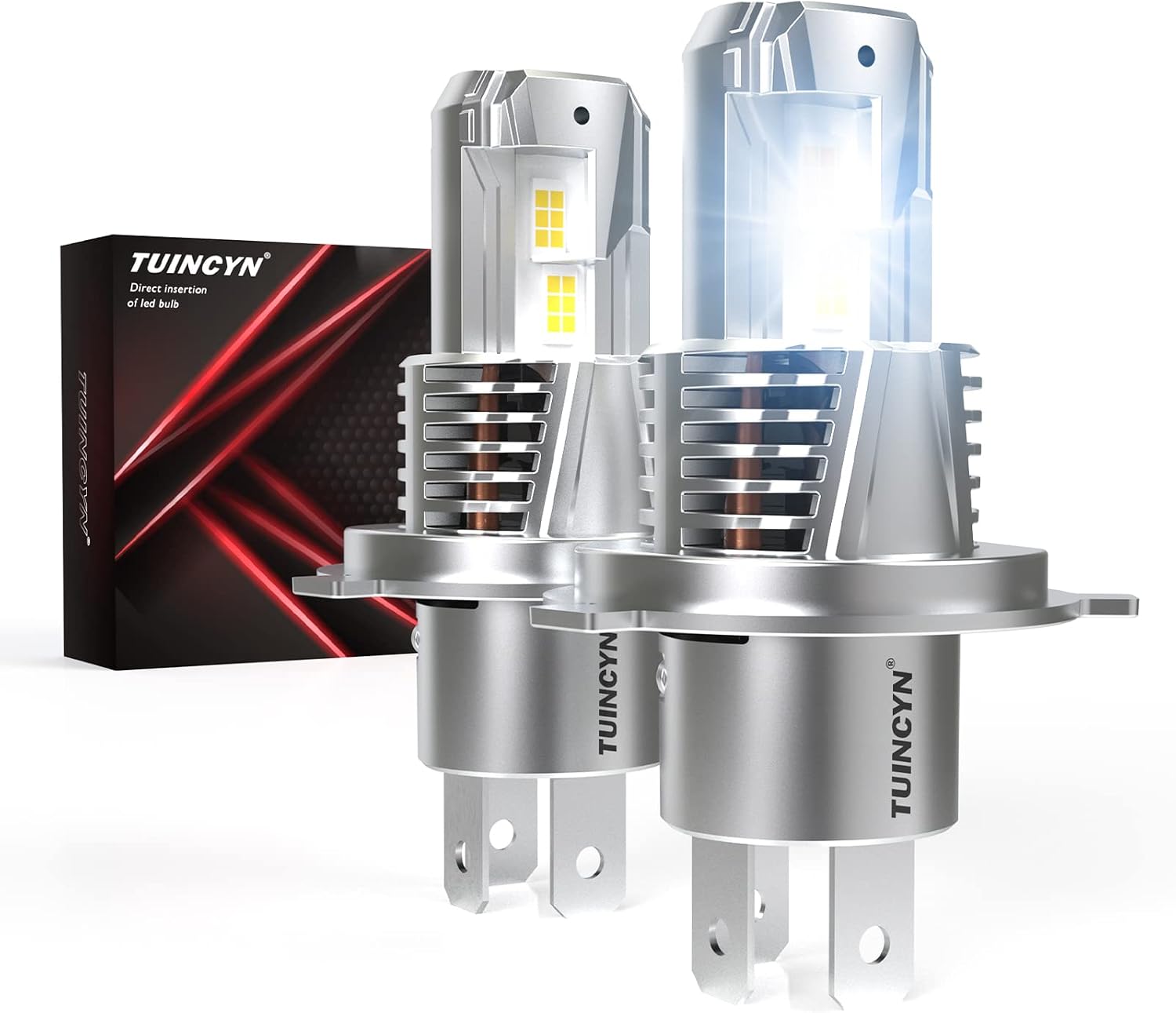 TUINCYN H4 LED Headlight Bulbs, 120W 24,000LM 600% Brightness 6000K White Wireless 9003 HB2 High Low Dual Beam Conversion Kit, Mini Size Plug and Play Halogen Replacement, IP65 Waterproof, Pack of 2