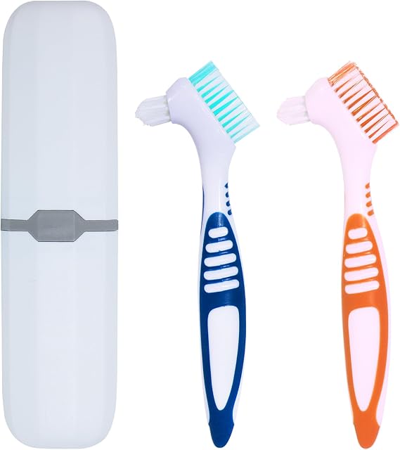 2Pcs Denture Brush, Soft False Teeth Toothbrush with White Carrying Case