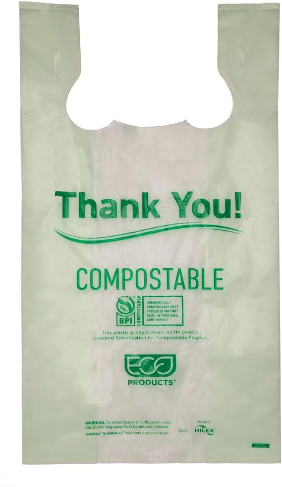 Eco-Products Compostable Medium Shopping Bags, Case of 500, Plant Based PBAT & PLA, 11.5"x21", 8Lb Capacity, Renewable Resources, ASTM Compliant, BPI-Certified