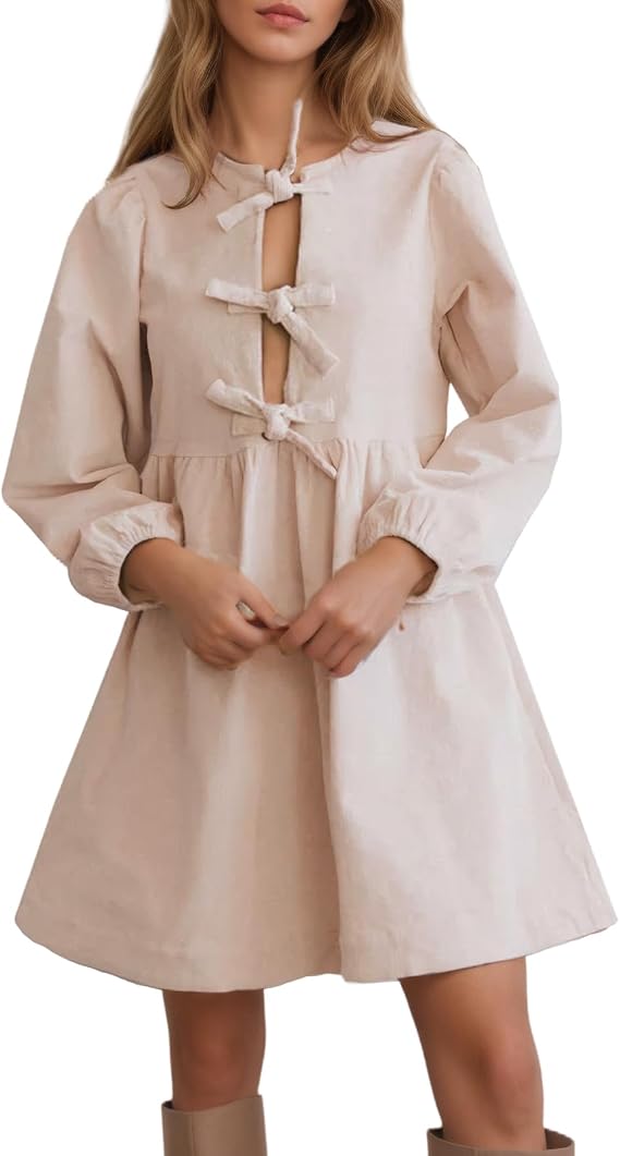 Kedera Women's Babydoll Corduroy Dress Long Puff Sleeve Bow Tie Front Ruffle A-Line Mini Dresses 2025