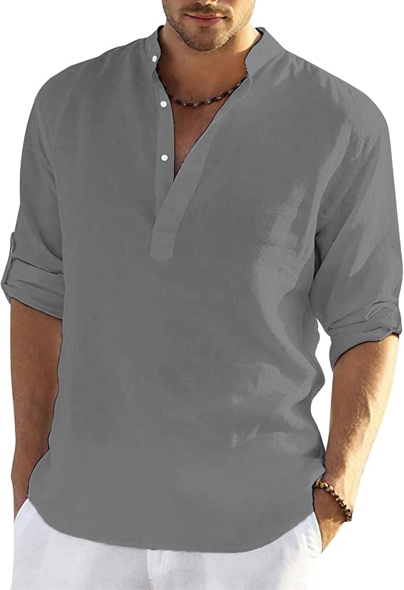 Mens 2025 New Cotton Linen Henley Shirts Long Sleeve Casual Beach T Shirts Summer Loose Fit Band Collar Yoga Tops
