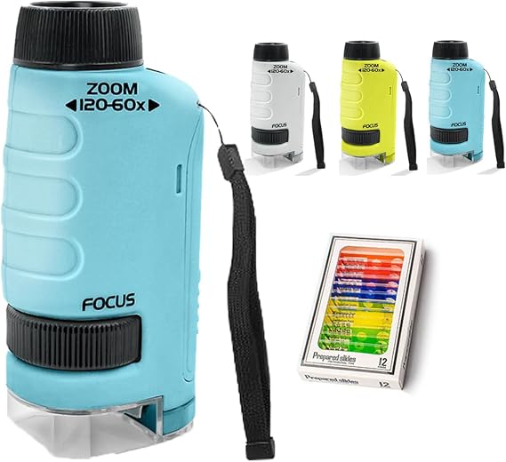 New Mini Portable Microscope Handheld,60x120x Magnification,Includes 12 Pre-Prepared Biological Slides and LED Light,Ideal for Science Experiments,Classroom Learning,and Nature Observation (Blue)