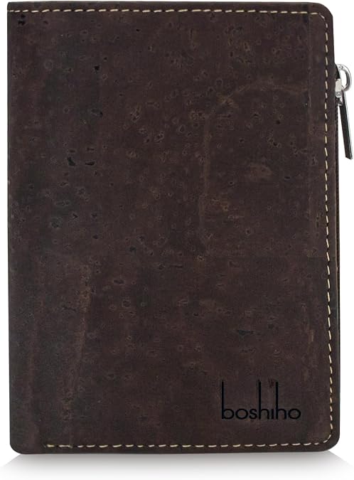 Eco Cork Friendly RFID Blocking Wallet Bi-fold Card Holder Vertical Wallet With Zippered Coin Purse & ID Window